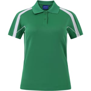 A green and white short sleeve polo shirt featuring a collar and contrasting side panels, with a logo on the chest.
