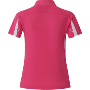 A pink short sleeve polo shirt with contrasting white accents and a logo on the back.