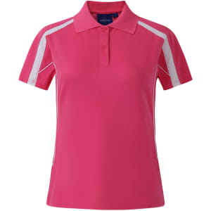 A pink polo shirt with white accents and a logo, featuring a short sleeve design.