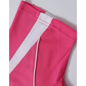 A pink short-sleeved sport polo shirt with white detailing and a logo.