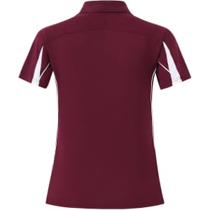 A maroon short sleeve polo shirt with white accents and a logo on the chest.