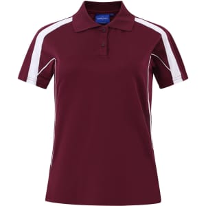 A maroon short sleeve polo shirt featuring white accents and a logo on the collar.