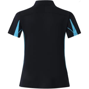 A black polo shirt with short sleeves featuring turquoise accents and a logo on the back.