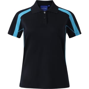 A black polo shirt with turquoise accents and short sleeves, featuring a logo on the collar.