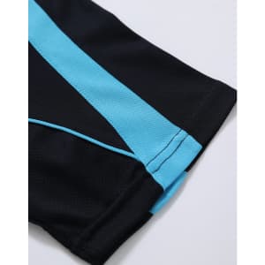 A black polo shirt featuring aqua blue stripes, with a logo on the design. The fabric appears textured.