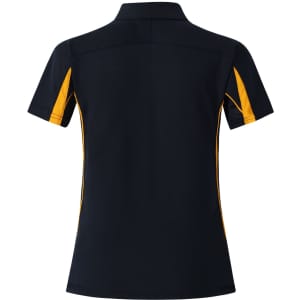 A black polo shirt with short sleeves featuring orange side panels and a logo. Back view displayed.