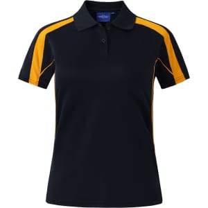 A black short sleeve polo shirt with orange side panels and a logo on the collar.
