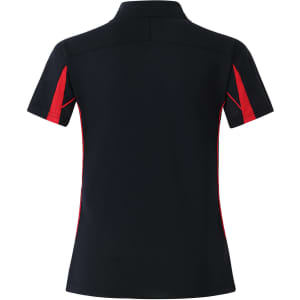 A black polo shirt with red accents and a collar, featuring a logo on the front.