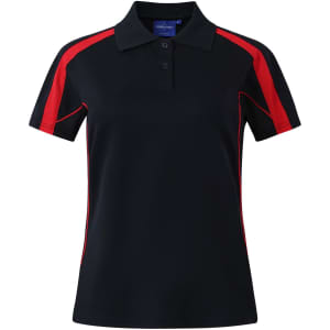 A black polo shirt with red accents, featuring short sleeves and a collar. It has a logo on the chest area.