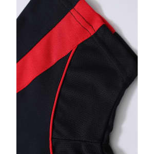 A black and red short-sleeved polo shirt featuring a textured fabric and a branding logo.