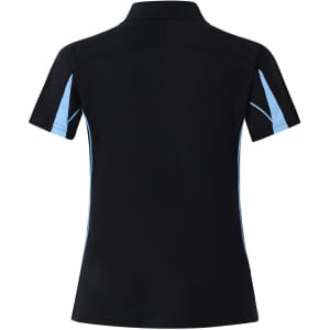 A black short sleeve polo shirt with light blue accents and a logo. The back features a fitted design.
