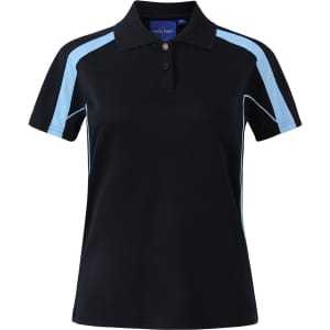 A dark navy short sleeve polo shirt with light blue accents and a collar. It features a logo on the chest.