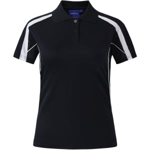 A navy blue polo shirt with short sleeves, featuring contrasting white side panels and a logo.