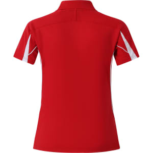 A red polo shirt with white detailing, featuring a collar and short sleeves. It has a logo on the chest.