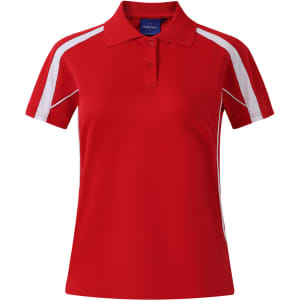 A red polo shirt with short sleeves, featuring white side accents and a logo on the chest.