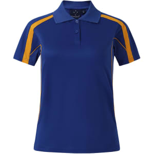 A blue and yellow women's short-sleeve sport polo shirt with a collar and a logo.