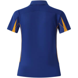 A blue short sleeve polo shirt with orange accents and a logo on the upper chest area.
