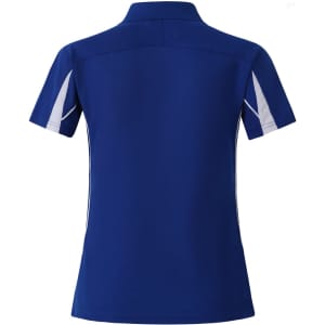 A blue polo shirt featuring white accents and a logo on the back. Short sleeves and a classic collar design.