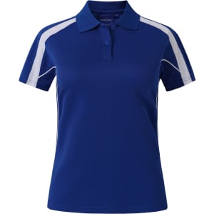 A blue polo shirt with white accents and a logo, featuring a classic collar and short sleeves.