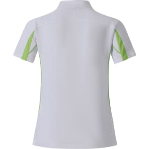 A white polo shirt with green accents, featuring a collar and short sleeves, has a logo on it.
