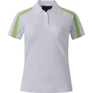 A white polo shirt with lime green accents and short sleeves, featuring a logo on the chest.