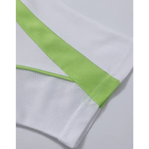 A close-up of a white polo shirt featuring a green stripe, with a sporty mesh texture. The shirt has a logo.