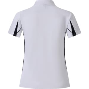 A white polo shirt with black detailing, featuring a collar and short sleeves, and has a logo on it.