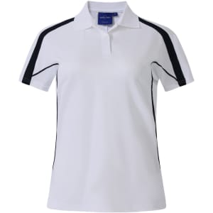 A white polo shirt with black accents and a collar, featuring a logo on the front.