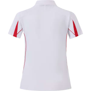 A white polo shirt with red accents and a logo, featuring a short sleeve and a classic collar design.