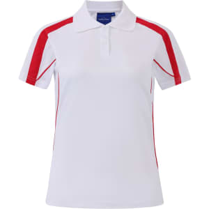 A white polo shirt with red accents and a logo, featuring short sleeves and a classic collar.