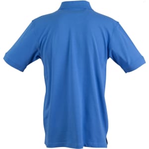A blue men's polo shirt featuring a collar and short sleeves, with a logo on the back.