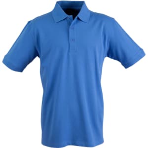 A blue men's polo shirt with a collar and short sleeves, featuring a logo on the chest area.