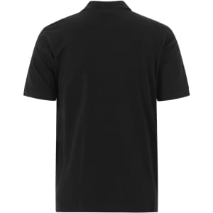 A black men's cotton stretch polo shirt featuring a short sleeve design and a collar. It has a logo on the back.