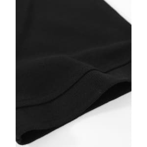 A black cotton stretch polo shirt featuring a close-up of the hem and sleeve detail, with a brand logo visible.
