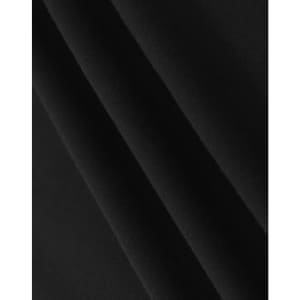 A close-up of black cotton fabric, displaying its soft texture and stretch. Includes a branding logo.