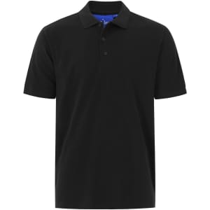 A black men's cotton stretch polo shirt featuring a classic collar and three-button placket. It has a logo on it.