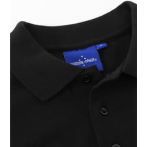 A black men's cotton stretch polo shirt with a collar and a logo tag. Features button detailing at the front.