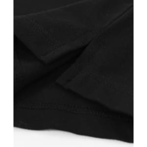 A close-up of a black cotton stretch polo shirt, highlighting the fabric texture and stitching details.