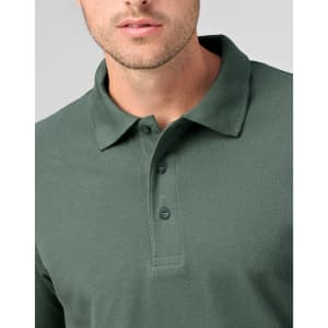 A green men's cotton stretch polo shirt featuring a classic collar and button placket, with a logo on the chest.