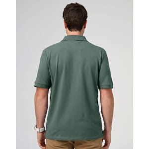 A men's cotton stretch polo in a green hue, featuring a classic polo collar and short sleeves, with a logo.