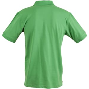 A green men's polo shirt with short sleeves and a collar, featuring a logo on the back.