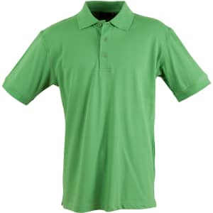 A green polo shirt with a collar and three buttons, featuring a small logo on the chest.