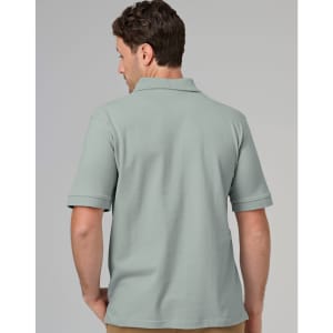 A men's cotton stretch polo shirt in a muted green colour, featuring a back view and a logo.