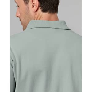 A men's cotton stretch polo shirt in a soft green colour, featuring a classic collar and logo detail.