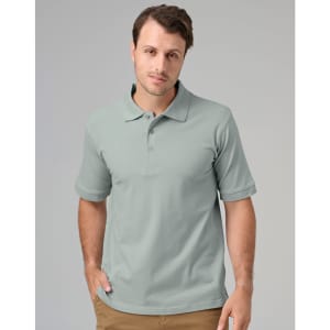 A men's cotton stretch polo in a light grey colour, featuring a collar and short sleeves, with a logo on the chest.