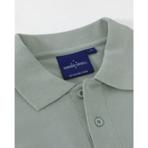 A mint green men's cotton stretch polo shirt featuring a collar and buttons, with a branding label inside.