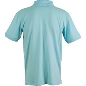 A light blue polo shirt with a collar and short sleeves, featuring a logo on the back.