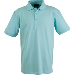 A light blue polo shirt with a classic collar and a logo on the chest. Short sleeves and a three-button placket.
