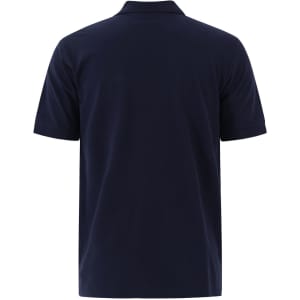 A navy blue men's cotton stretch polo shirt featuring a classic design and a logo on the back.