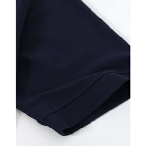 A navy cotton stretch polo shirt, displaying the sleeve cuff and fabric texture, with a branding logo.
